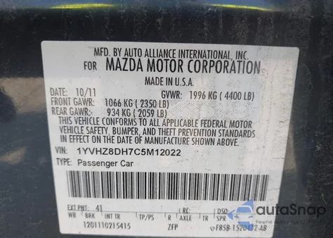 2012 Mazda Mazda6 I Touring from USA, damaged, VIN 1YVHZ8DH7C5M12022